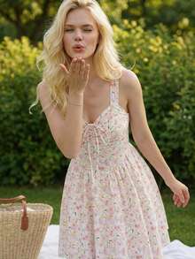 女士优雅粉色碎花吊带系带褶皱腰部喇叭迷你连衣裙，时尚性感夏日连衣裙，浪漫花园野餐装 - 淺粉色 - 查看 4