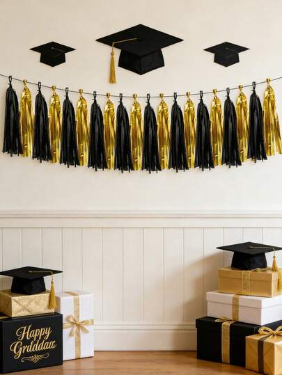 2026 Graduation Season Bestseller Black & Gold Tassel Flag Set, Student Party Photo Wall Decor, Graduation Ceremony Backdrop, Graduation Atmosphere Photography Props