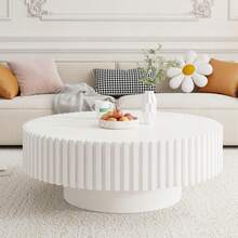 Mesa de centro redonda de 100 cm de madera, mesa de centro circular moderna y única, mesa de centro acanalada contemporánea de tambor, mesa auxiliar lateral central para sala de estar, espacios pequeños, apartamento - Blanco - Ver 1