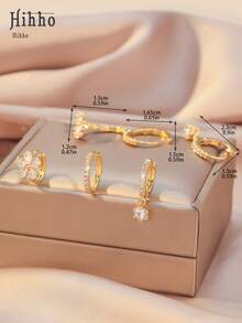 Hihho 6pcs Set Elegant Zirconia Stud Earrings, Classic Retro Design Luxury Minimalist Earring Set, Suitable For Daily Stacking Or Single Wear, Best Gift For Friends - Gold - View 6