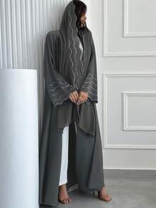Women's Gray Robe With Striped Embroidered Jacket And Headscarf - Grey - View 5