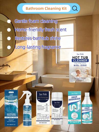 JUE FISH 全屋清洁必备套装，轻松焕新家居环境。温和配方马桶泡沫清洁剂，强力溶解水垢和尿渍，浓密泡沫深入缝隙，深度清洁，不腐蚀马桶釉面。