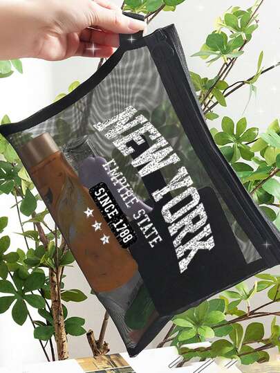 New York Travel Black Mesh Makeup Bag - Breathable & See-Through, Modern Sequin Print Theme Mesh Cosmetic Bag For Women & Men, Waterproof & Wear-Resistant Assorted Colors, Lager Capacity Multi Functional Storage Bag, Cosmetic Pouch, Toiletry Bag, Student Stationery Bag