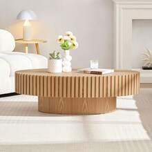 Handcrafted Walnut Oval Coffee Table, Mid Century Modern Irregular Large 44 Inch Wood Drum Design With Fluted Design & Sturdy Pedestal Base, Unique Farmhouse Living Room Center Table (44" X 24" X 14") - 自然的 - 查看 2