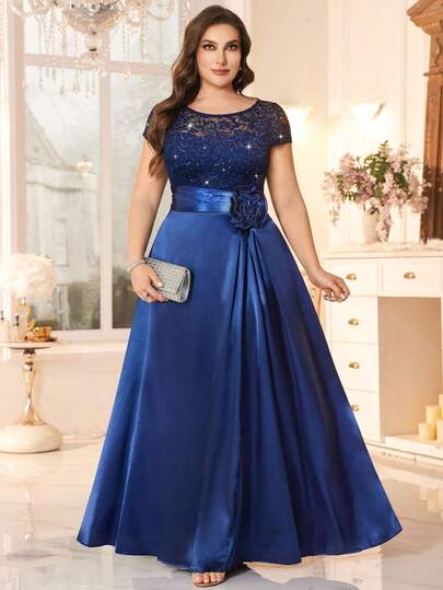 Plus Size Sequin Floral Lace Patchwork Satin 3D Floral Waist Formal Party Maxi Dress, Elegant Party Dress, Summer Maxi Dress, Wedding Guest Dress, Prom Gown, Suitable For Birthday, Graduation, Back To School And Other Occasions