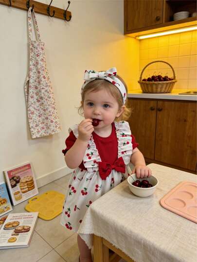 2pcs Baby Girl Cherry Print Patchwork Flare Sleeve Dress With Headband Set, Cute Princess Style, Sweet Butterfly Decor, Fashionable Outfit, Summer
