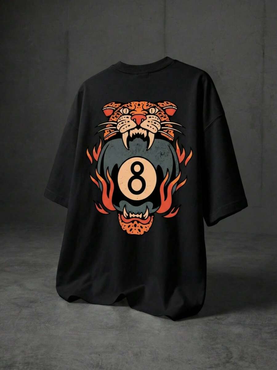 男士豹纹火焰图案宽松T恤，休闲街头嘻哈风双面印花复古纹身柔软触感，夏季款 - 黑色 - 查看 1