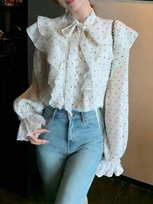 2026 Spring/Summer Women's Polka Dot Tie Neck Elegant Blouse, Stylish Design For Date Night, Holiday, Office, Home, All Seasons White - White - View 1