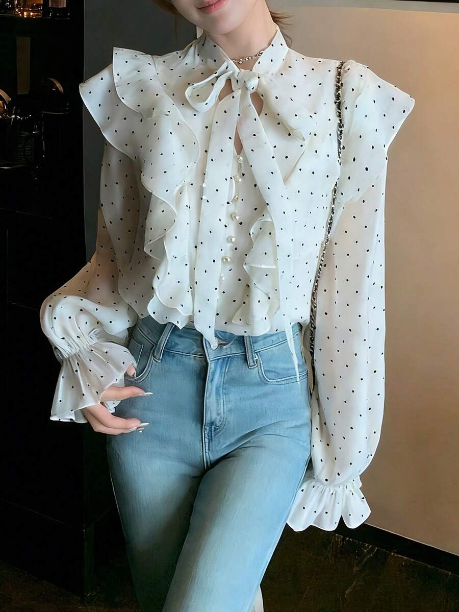 2026 Spring/Summer Women's Polka Dot Tie Neck Elegant Blouse, Stylish Design For Date Night, Holiday, Office, Home, All Seasons White - White - View 1