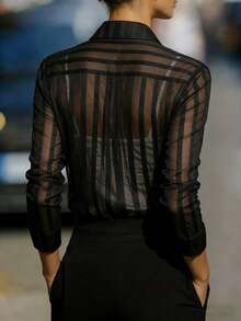 Elegant Women's Striped Sheer Button Front Collar Long Sleeve Blouse, Fashionable Shirt - Black - View 4