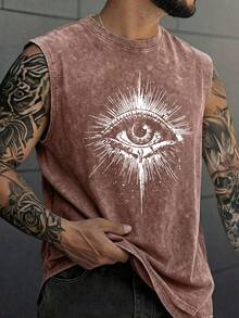 Men's Printed Vintage Washed Vest, Loose Fit, Casual Street Style, An Essential Everyday Item. - 咖啡棕 - 查看 1