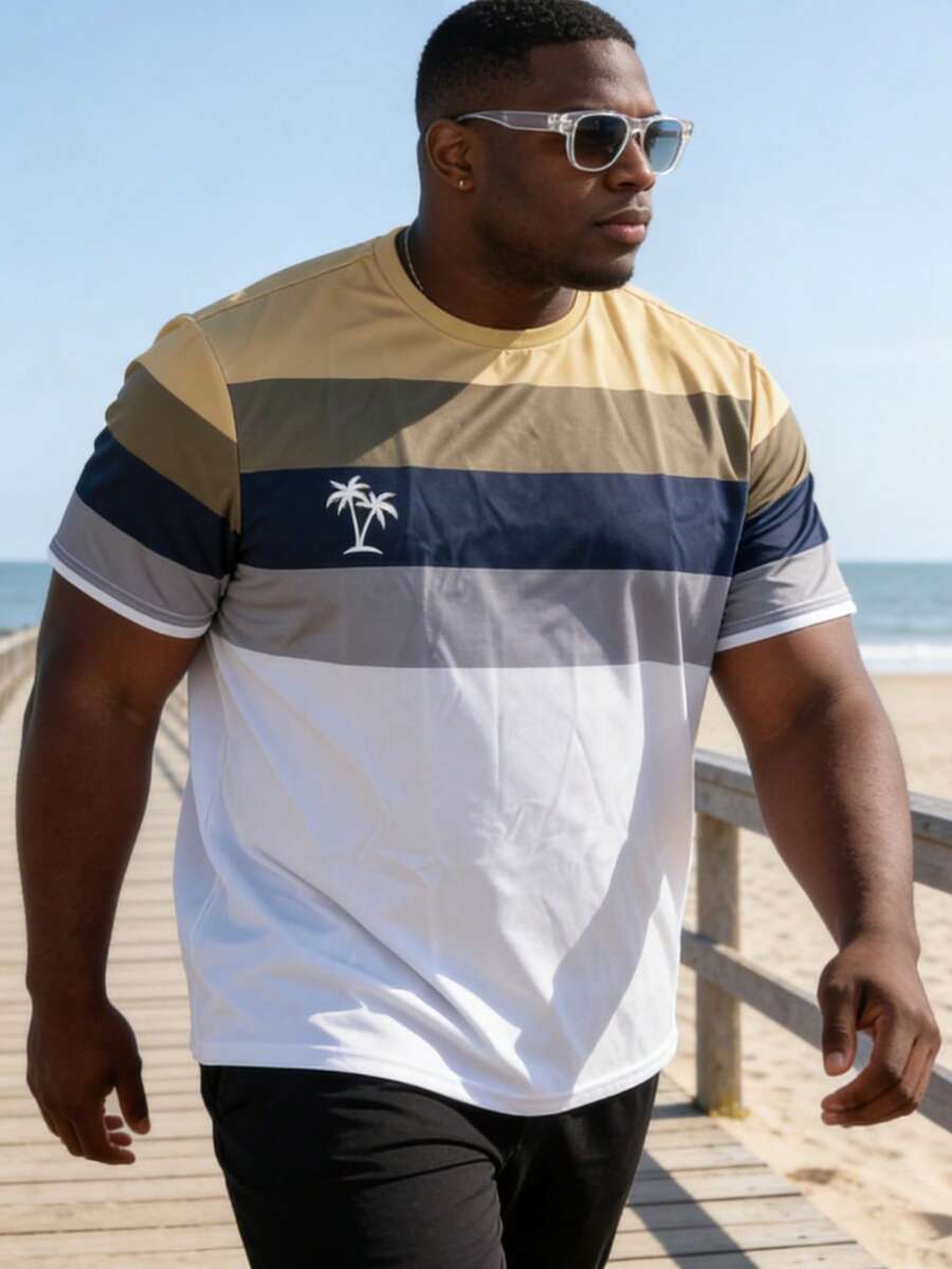 Fashionable Gradient Striped Plus Size Men's Short Sleeve T-Shirt Minimalist Palm Tree Logo Print Plus Size Casual T-Shirt, Suitable For Daily Wear And Outdoor Exercise Colorblock Plus Size T-Shirt For Summer - Multicolor - View 1