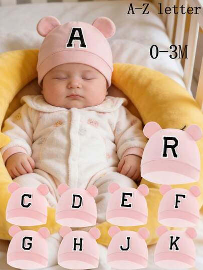 1顶新生儿卡通熊耳朵帽，26个字母，柔软男女通用婴儿帽，纯色针织帽，适合宝宝拍照，0-3个月