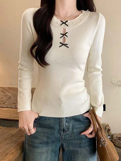 Korean Style Lace Patchwork Round Neck Bow Knit Sweater For Women, New Arrival, Slim Fit, Elegant, Layering Top, Random Fabric Pieces