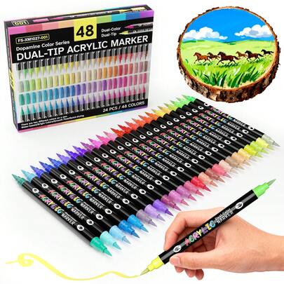 FLYSEA 24/48色多巴胺马克笔，双头双色马克笔，适用于石头、木头、书法、画布、陶瓷、金属、玻璃、岩石绘画，DIY工艺美术用品套装