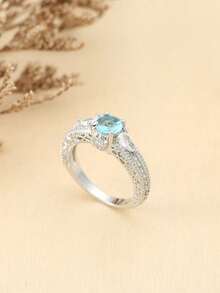 1枚流行女士时尚优雅休闲海蓝宝石锆石铜戒指，婚礼订婚派对珠宝礼物 - 銀色 - 查看 2