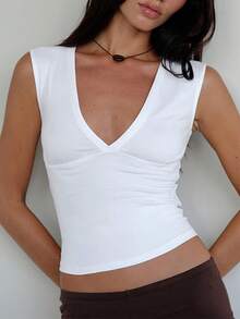 Women Deep V Neck Tops Sexy Sleeveless Crop Top Stretchy Going Out Tank Top Cute Summer Clothes - 白色 - 查看 5