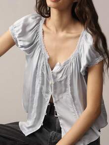 Women's Sweetheart Neck Puff Short Sleeve Blouse Lace Trim Button Front Relaxed Fit Boho Peasant Top - Light Blue - View 2