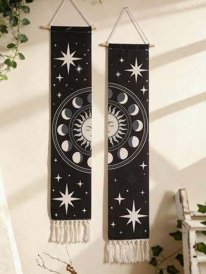 1件/2件装波西米亚风月亮星星挂毯，黑白星空艺术，太阳系主题挂毯，流苏墙饰，宇宙主题房间装饰，波西米亚风格家居装饰，日月图案，月相墙饰，卧室或客厅挂毯，现代神秘装饰，完美适用于波西米亚风或唯美主义空间，月亮星星图案装饰挂毯
