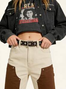 1条波西米亚街头风女士腰带，西部风格腰带，女士腰带，Y2K风格腰带，波西米亚朋克金属孔眼银色方扣麂皮棕色腰带，可搭配裙子、裤子、衬衫、外套，适合派对、节日、生日、情人节等场合。 - 棕色 - 查看 1