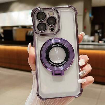 New Electroplated TPU Purple Phone Case Suitable Compatible With Iphone 17/16/15 Pro Max, Magnetic Stand, Airbag Anti-Fall, Transparent High-End 14 Pro Max, 13, 12/11 Pro Full-Coverage Anti-Fall Phone Case