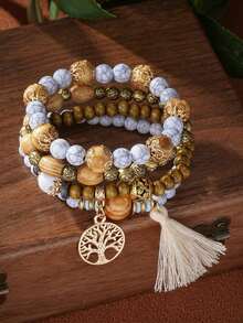 4pcs/Set Bohemian Style Tassel Life Tree Pendant Multilayer Wooden Bead Chain Bracelet - White - View 4