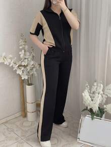 Tenue de ville décontractée pour femme, veste ample à manches courtes avec empiècement contrasté confortable + pantalon droit à jambes droites avec rayures contrastées, ensemble 2 pièces noir élégant pour l'été - Noir - Voir 2