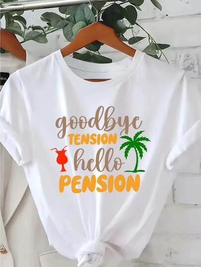 Women's Retirement-Themed Graphic T-Shirt - "Goodbye Tension Hello Pension" Slogan with Palm Trees &amp; Cocktail Design, Soft Breathable Fabric, Loose Fit Casual Tee for Summer outdoor Wear