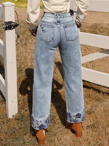 Quần jeans nữ cạp trung màu xanh nhạt kiểu phương Tây thêu hoa - Phong cách thường ngày, thanh lịch, ôm sát, đa năng, phù hợp đi làm. - Rửa nhẹ - Xem 6