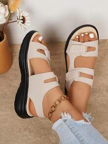 Women's Hook And Loop Beach Sports Sandals, Lightweight Soft Bottom Student Summer Holiday Thick Bottom Black Wedge Star Sandals - Beige - View 6