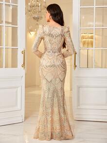 UNITHORSE 【随机裁剪】女士优雅方领公主袖收腰亮片正式晚礼服 - 香檳色 - 查看 2