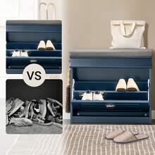 SoBuy 帶座墊的換鞋凳，儲物空間，鞋櫃，鞋架，窄型，節省空間的長凳，帶儲物空間，適用於走廊，客廳，臥室，白色復古木紋效果 FSR82-K - 藍色 - 查看 5