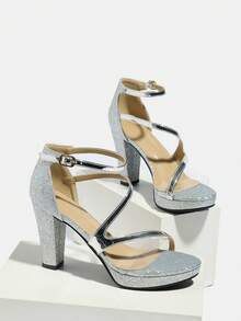 Giày cao gót nữ, quai chéo lấp lánh ánh kim, quai trong suốt, mũi tròn, quai ngang mắt cá chân, đế dày, gót vuông, sandal dự tiệc cưới thanh lịch. - Bạc - Xem 1