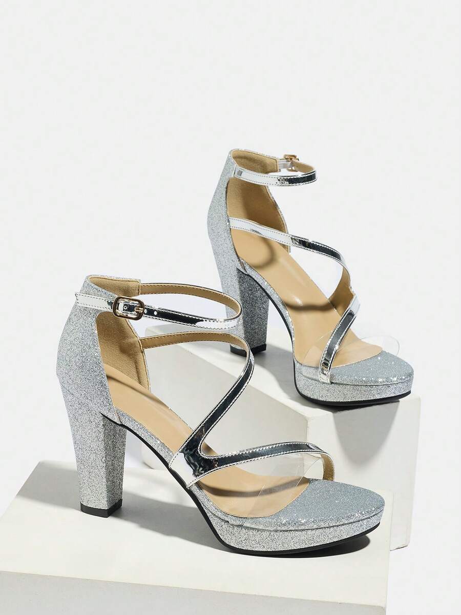 Giày cao gót nữ, quai chéo lấp lánh ánh kim, quai trong suốt, mũi tròn, quai ngang mắt cá chân, đế dày, gót vuông, sandal dự tiệc cưới thanh lịch. - Bạc - Xem 1