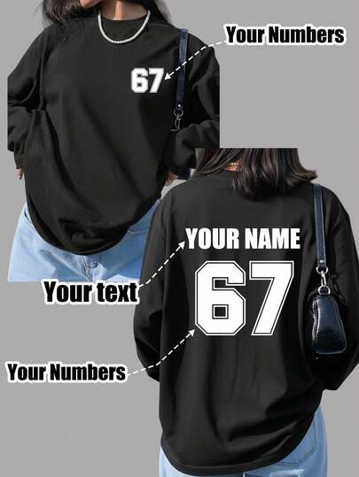 Camiseta de manga larga de talla grande personalizada para mujer, con capacidad para imprimir logotipo, nombre/texto/número de la suerte en el frente y la espalda, de corte holgado en negro, adecuada para regalo de vacaciones, uso en otoño/invierno, regalo del Día de la Madre, regalo de festivales
