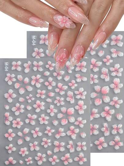 2pcs 5D Crystal Pink Cherry Blossom Nail Sticker Soft Relief Jelly Lily Spring Flower Nail Decals Self Adhesive Nail Art Sticker Chic Spring Summer Manicure Decal Decoration