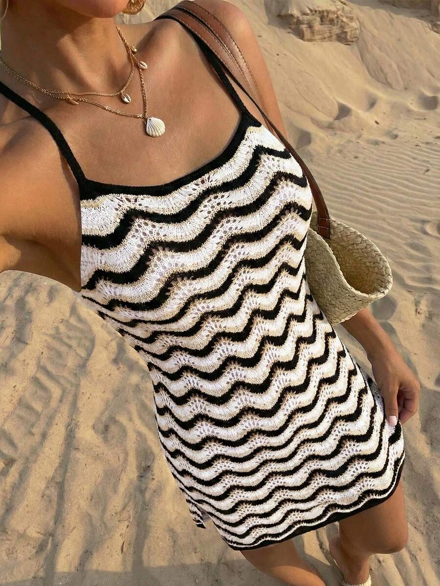 女士夏季波西米亚渐变镂空性感透视罩衫吊带迷你连衣裙度假装