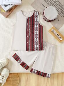Set de 3 piezas de top sin mangas con cuello redondo y bloques de color, shorts y gorra para niños, para primavera/verano - Multicolor - Ver 2