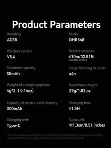 Acer 宏碁 OHR548 蓝牙耳机，TWS 真无线耳机，配备 ANC 主动降噪、充电盒、ENC 通话降噪、立体声效果、低延迟，佩戴舒适，适合商务、运动、跑步、健身等场合，兼容手机、平板电脑、笔记本电脑，是圣诞节和情人节的理想礼物。 - 均碼 - 查看 7