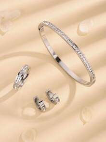 4件套韩版时尚奢华单排立方氧化锆星空手链戒指耳环不锈钢首饰套装 - 鋼色1 - 查看 2