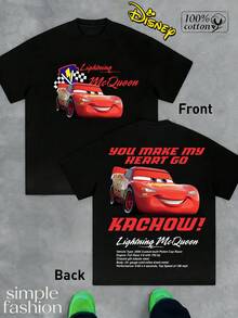 (220 Pure Cotton T-Shirt) Men's Summer Round Neck Short Sleeved Casual Pure Cotton T-Shirt, Printed With Disney's "Cars" Protagonist Lightning McQueen Lightning McQueen - 黑色 - 查看 1