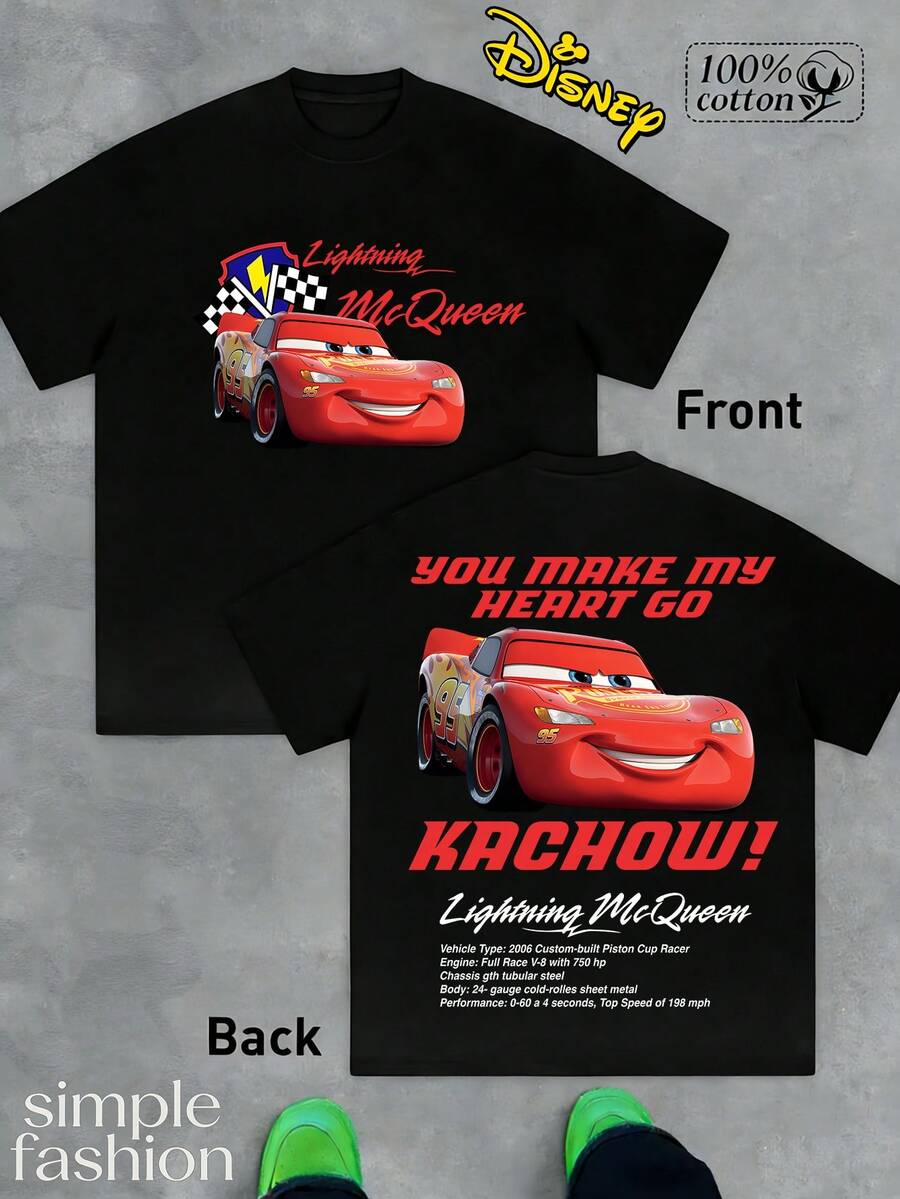 (220 Pure Cotton T-Shirt) Men's Summer Round Neck Short Sleeved Casual Pure Cotton T-Shirt, Printed With Disney's "Cars" Protagonist Lightning McQueen Lightning McQueen - 黑色 - 查看 1