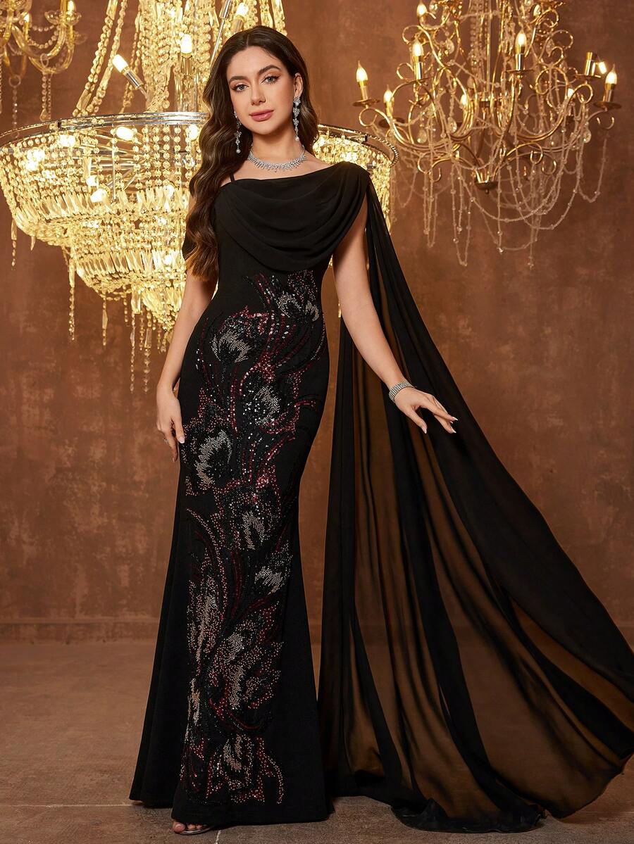 SUPGIR Women's Round Neck Flowy Sleeve Sequin Embroidery Fitted Chiffon Evening Dress - Black - View 1