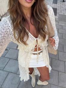 HoloChill 女士夏季沙滩薄纱长袖宽松和服，2026 新款女士假日装扮、派对装扮、沙滩度假装扮、优雅休闲上衣 - 米色 - 查看 1