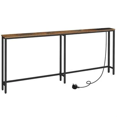Narrow Slim Console Table With Charging Station, 200 Cm Long Behind Sofa Table And Hallway Table, For Hallway, Bedroom, Living Room, Rustic Brown And Black