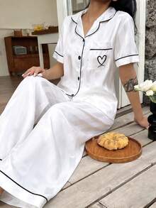 2pcs Striped Subtle Textured Satin Short-Sleeve And Pants Pajama Set - Spring/Summer Comfortable Casual Loungewear Set - trắng - Xem 8