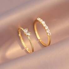 2pcs/Set Sparkling Heart Shaped Rings, Fashionable Luxury Niche Personalized Thin Band Rings, Elegant Stacking Rings For Women Wedding Party - Silver - View 7