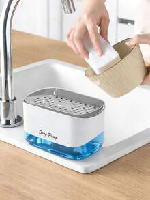 厨房皂液器、洗碗泡沫泵、海绵架、带海绵的洗洁精分配器、海绵沥水架、带沥水盘的塑料水槽收纳架、厨房配件、清洁海绵、洗碗海绵、实用厨房工具 - 彩色 - 查看 2