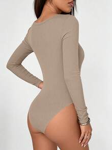 Women Spring Bodysuits For Long Sleeve Shirts Fitted Basic Ribbed Layering Bodys Tops Fall Fashion Winter Clothes Light Khaki Vacation Rompers Outfits For Women - Light Khaki - View 2