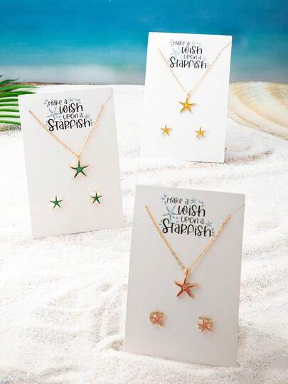 Bộ 3 món gồm mặt dây chuyền hình sao biển nhiều màu sắc và bông tai hình sao biển, bộ trang sức sao biển phong cách biển dành cho nữ, phụ kiện trang sức du lịch biển phong cách nghỉ dưỡng
